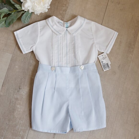 Feltman Brothers Other - Heirloom Feather Stitched Bobby Suit Blue & White Feltman Brothers 12 Month NWT
